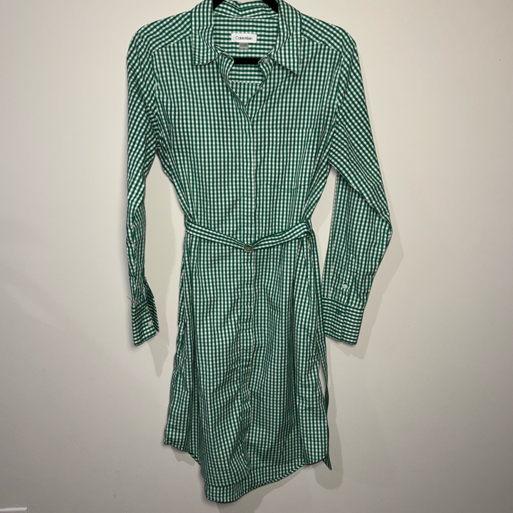 Calvin Klein Green Gingham Checkered Belted Button Down Dress Size 8